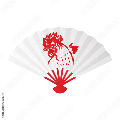 Folding fan or hand fan illustration white color  paint rooster chicken and feather ink brush stroke design red color isolated on white background  with copy space 