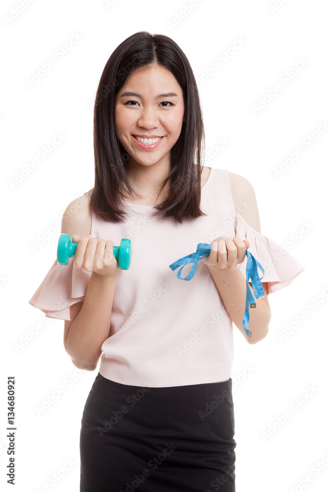 Healthy Asian business woman with dumbbells and measuring tape.