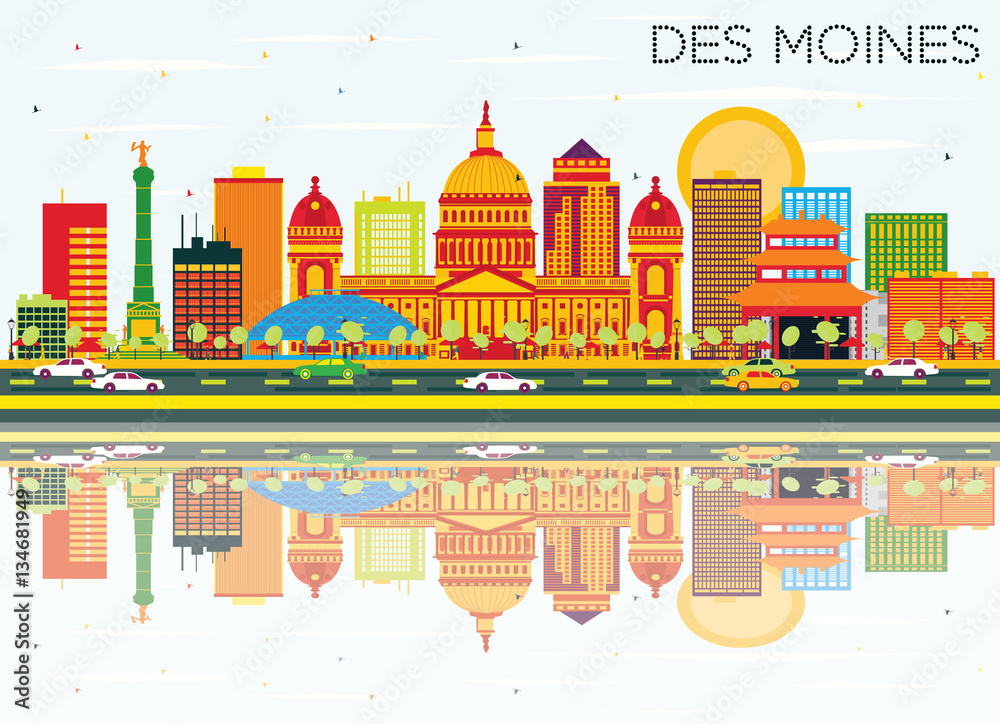 Des Moines Skyline with Color Buildings, Blue Sky and Reflection Des Moines Skyline with Color Buildings, Blue Sky and Reflection
