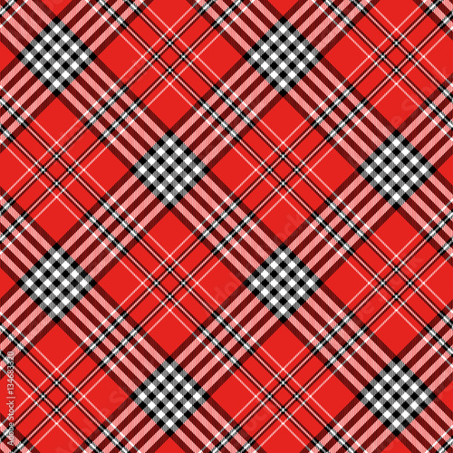 Seamless tartan plaid pattern in stripes of black and white on red background. Checkered twill fabric texture print. Vector swatch for digital textile printing.