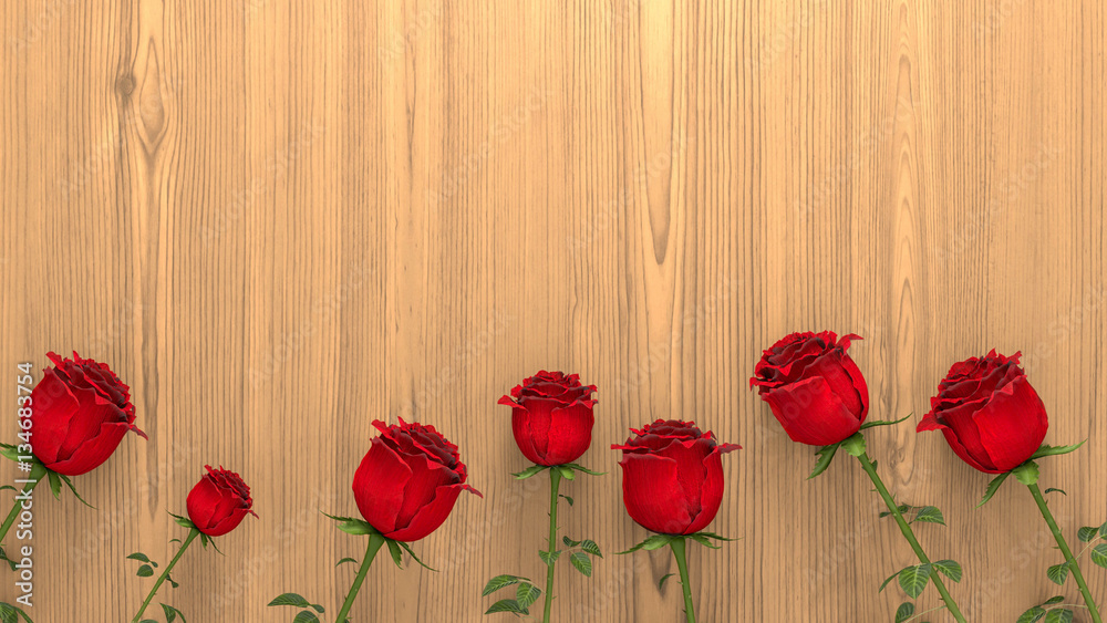 Copy space of rose flower on wooden, 3D Rendering