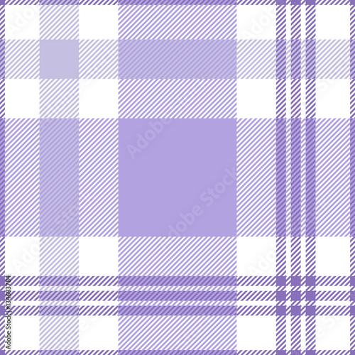 Seamless tartan plaid pattern in stripes of purple, violet and pale lavender / mauve on white background. Checkered twill fabric texture print. Vector swatch for digital textile printing.