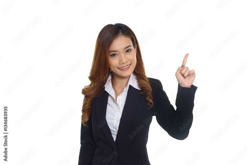 Asian businesswoman with pointer up on white background Asian businesswoman with pointer up on white background