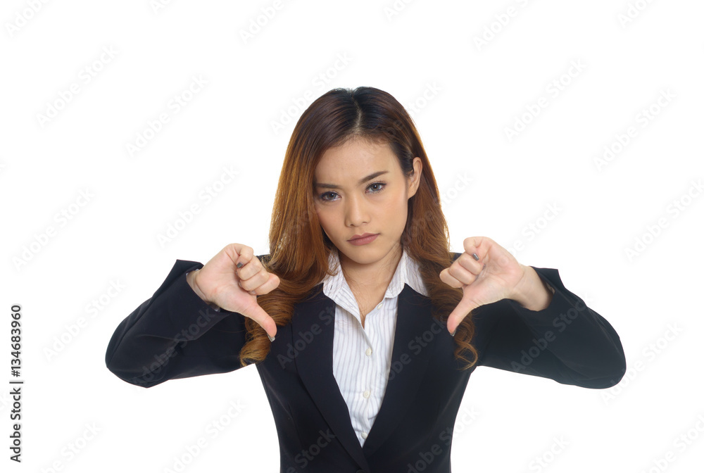 businesswoman with thumb down on white background businesswoman with thumb down on white background