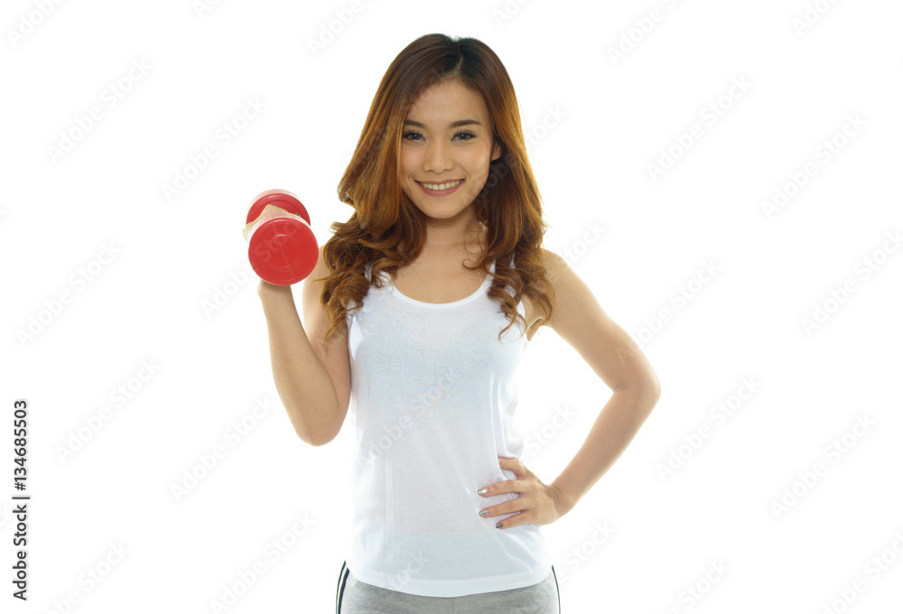 Fitness woman lifting weights smiling happy isolated on white ba