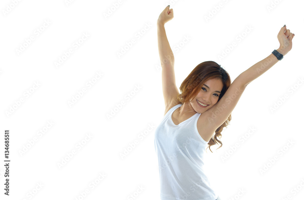 Portrait of Young Woman happy raised her arm isolated over white