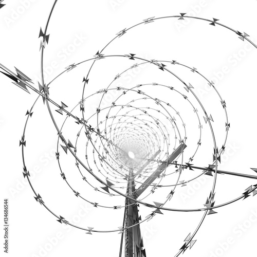 Coil of Steel Barbed Wire on a Metal Fence