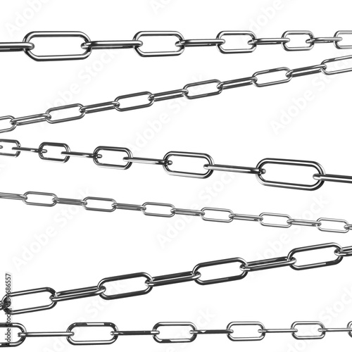 Set of Metal Silver or Steel Chains on White Backgroun