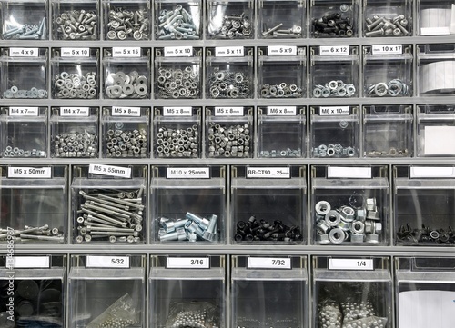 bolts and steel washers and iron in hardware store