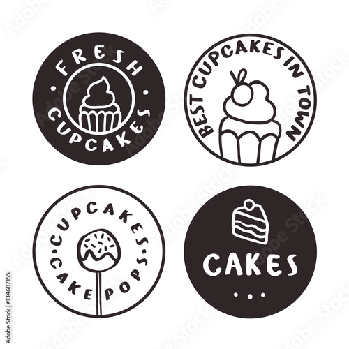 Bakery logotypes. Cakes cupcakes pastry. Vector hand drawn illustration