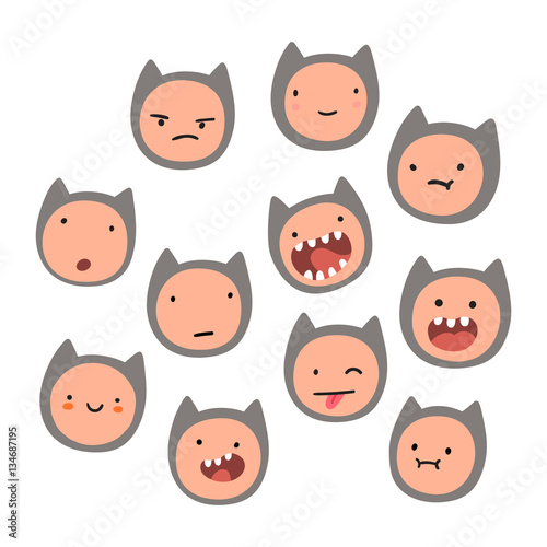 Cute cat face emotions. Vector hand drawn illustration