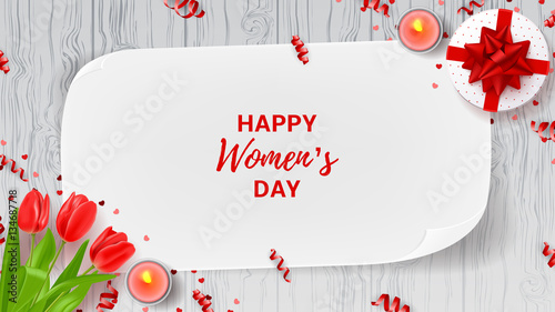 Greeting web banner for Women's Day. Top view on composition with flowers, gift box, candles and confetti. Vector illustration with serpentine on wooden texture.