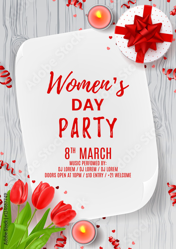 Party poster for Women's Day. Top view on composition with flowers, gift box, candles and confetti. Vector illustration with serpentine on wooden texture. Invitation to nightclub.