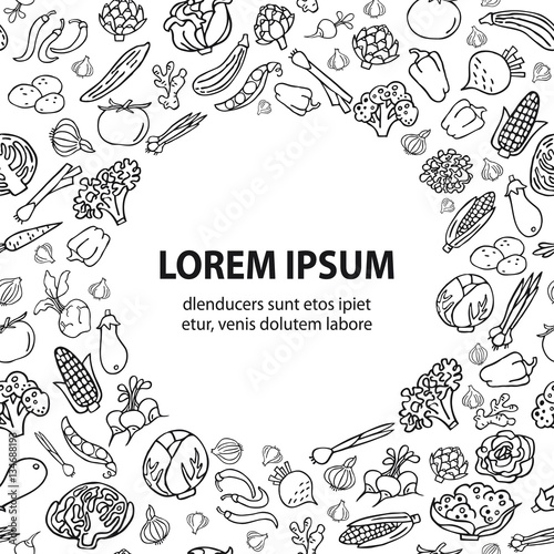 Hand drawn vegetables. Various organic product in a circle place