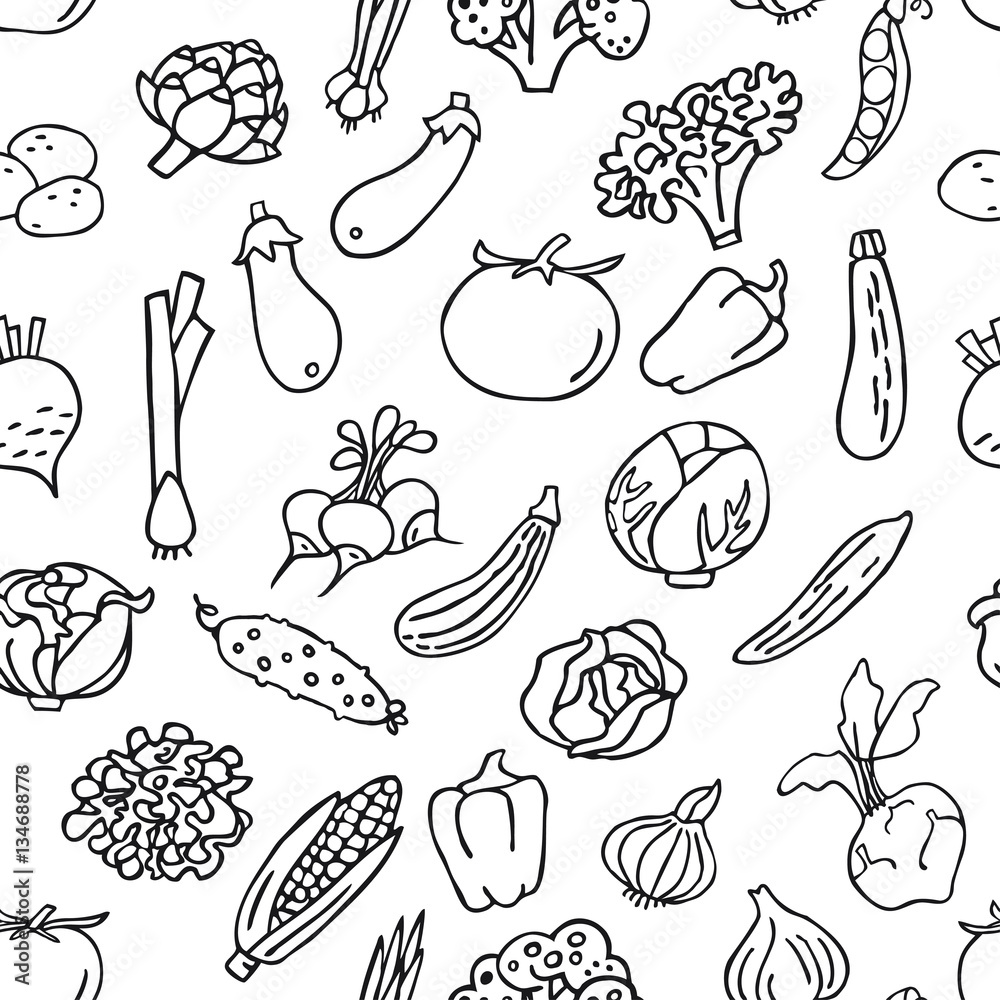 Seamless pattern with hand drawn vegetables. Perfect organic foo