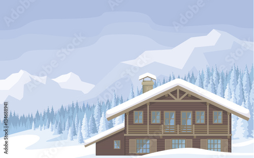 The image of a chalet in snowy mountains. Beautiful winter landscape. Vector background.