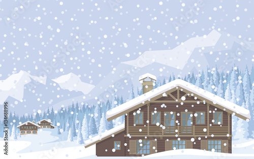 The image of a chalet in snowy mountains. Beautiful winter landscape. Vector background.