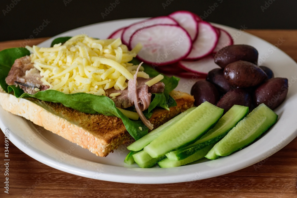 healthy breakfast, toast with meat and vegetables healthy breakfast, toast with meat and vegetables
