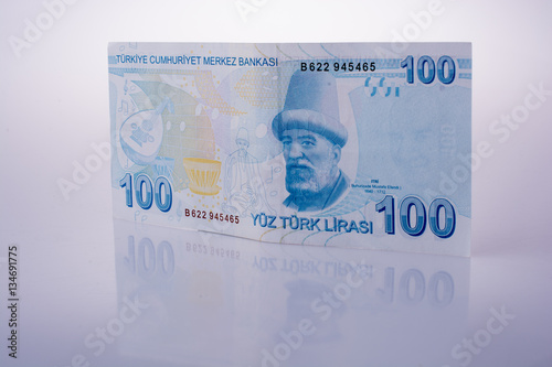 Turksh Lira banknotes of 100  on white background photo