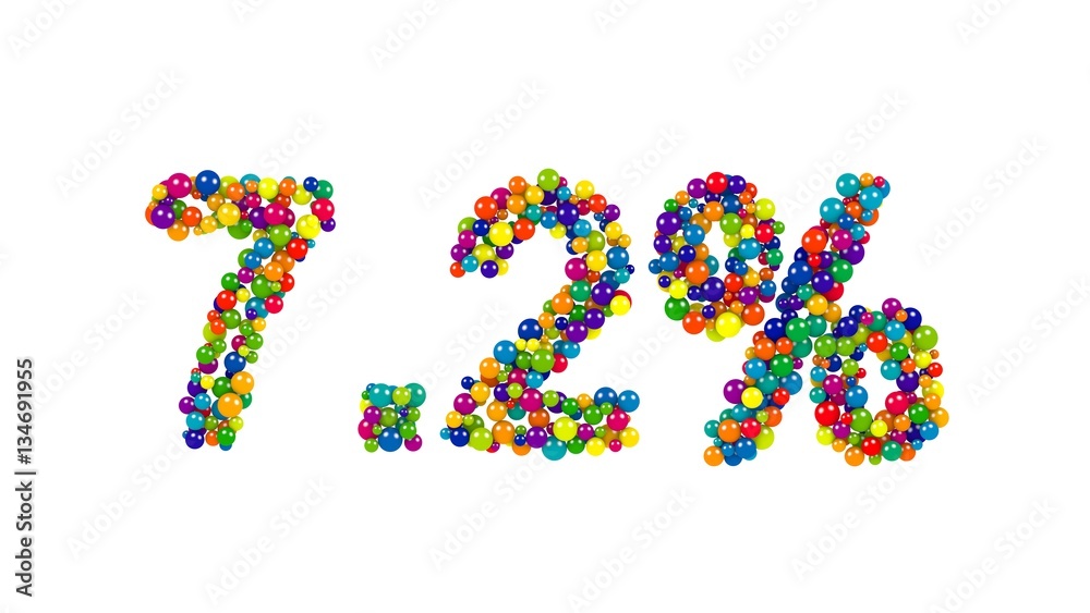 Colored digits seven point two with percent sign made of 3D marbles over white background