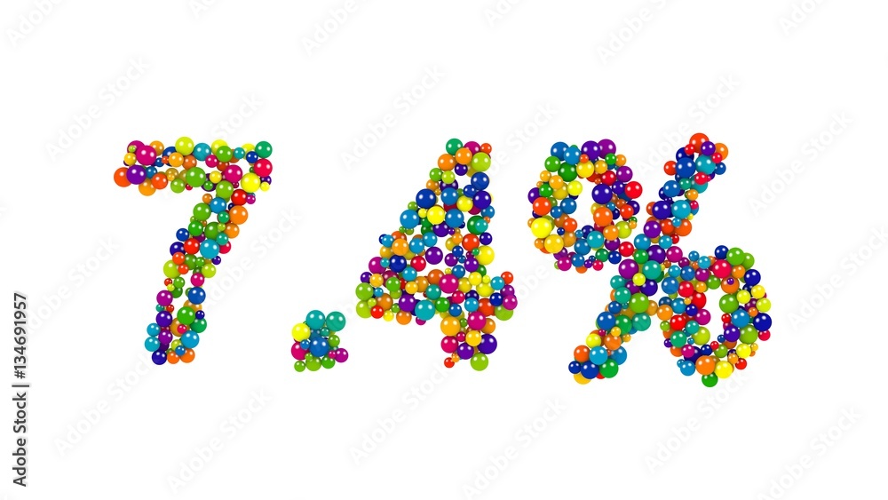 Numbers seven point four percent made of little bright colored balls isolated on white background