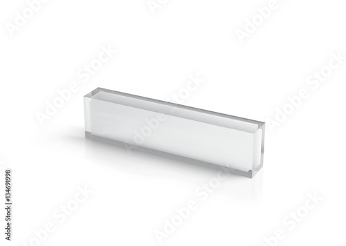Blank transparent glass desk block mockup, 3d rendering. Clear plexiglas name plate design mock up. Empty plastic namplate template isolated on white. Corporate stationery perspex rectangle display
