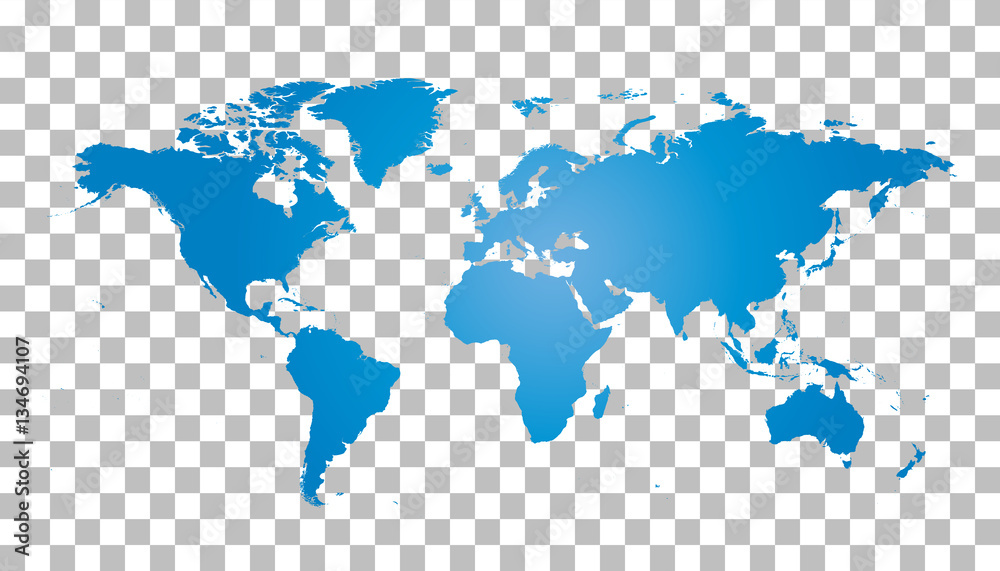 Obraz Pusta błękitna światowa mapa na odosobnionym tle. Szablon wektor mapa świata na stronie internetowej, infografiki, projekt. Płaska mapa świata ziemi ilustracja