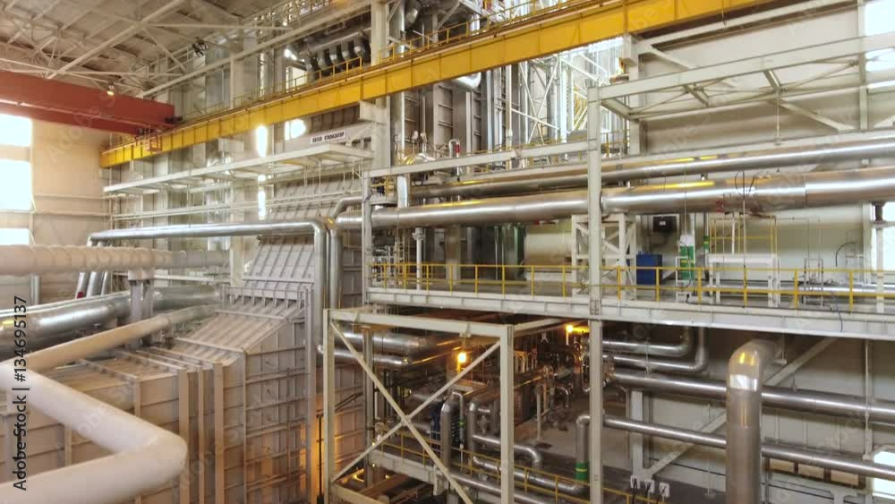 Aerial shot of the interior of russian thermal power plant. Panoramic view. 4K Aerial shot of the interior of russian thermal power plant. Panoramic view. 4K