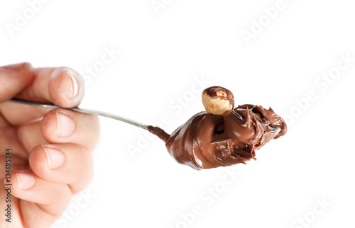 Fototapeta Naklejka Na Ścianę i Meble -  Chocolate nut butter and roasted hazelnuts