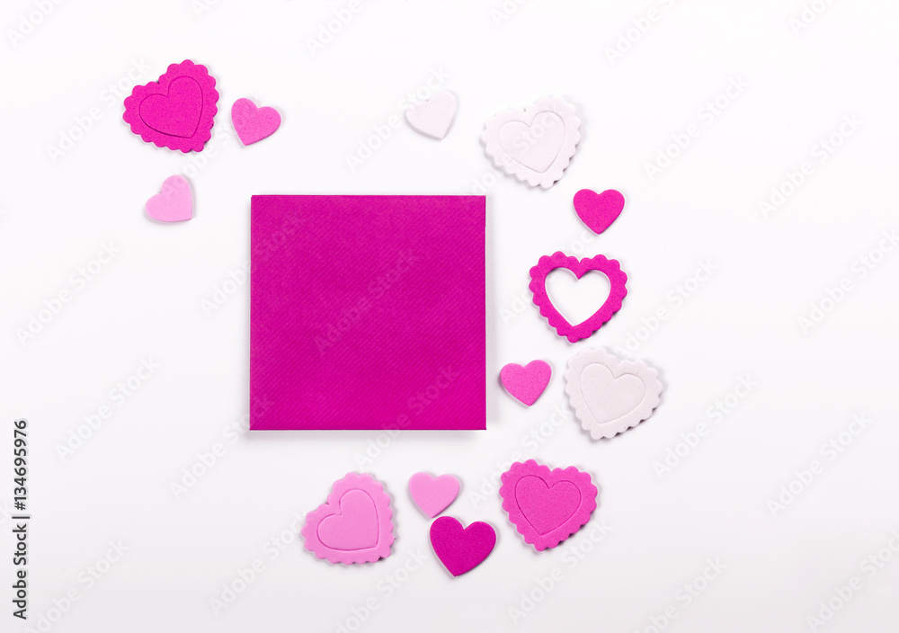 Photo frame or gift card with valentines heart shaped ribbon ove