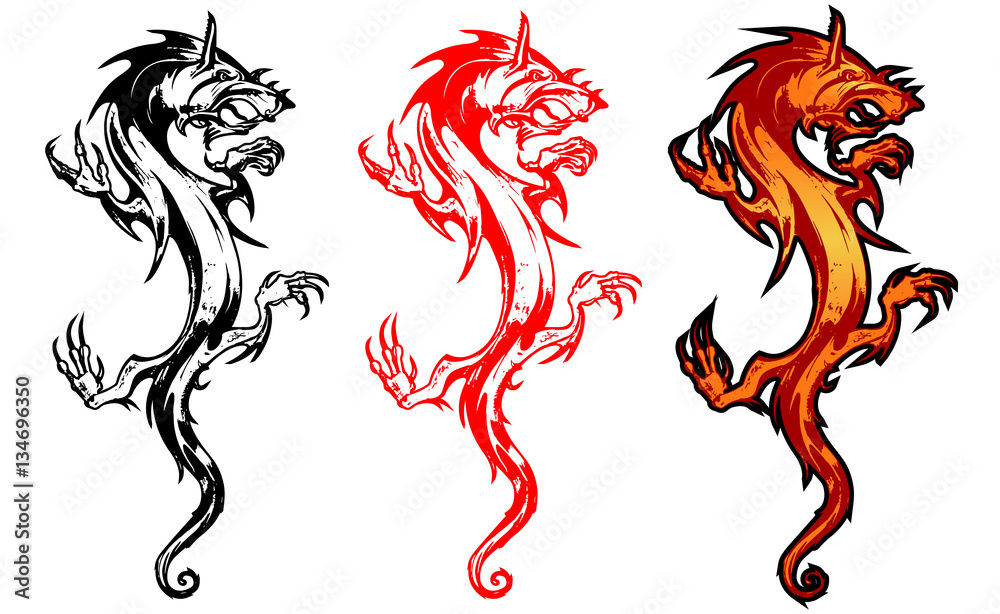 Black and red tribal dragon tattoo vector illustration. Dragon in Fire.  Chinese Dragon Traditional Culture, vector illustration cartoon. Perhaps  the use of tattoos, printing on paper, cloth, clothing. Stock Vector | Adobe