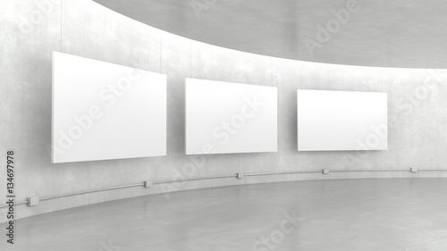 Empty modern exhibition gallery interior and hanging white canvas with light from ceiling. 3D rendering.
 photo