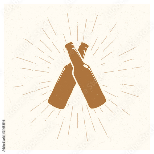 Hand drawn vintage bottle of beer. Sketch style. illustration. T-shirt print. Poster. Logo. Hipster. Retro badge. Emblem. Cold alcohol