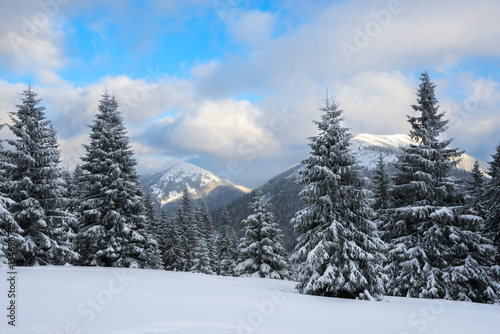 Dramatic winter landscape - clouds float over the mountains