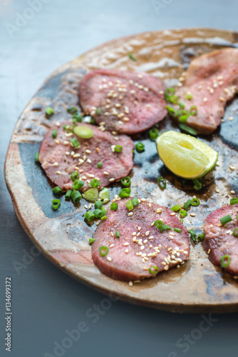 Barbecue sliced beef tongue marinated in pepper, onion, sesame oil and soy sauce.