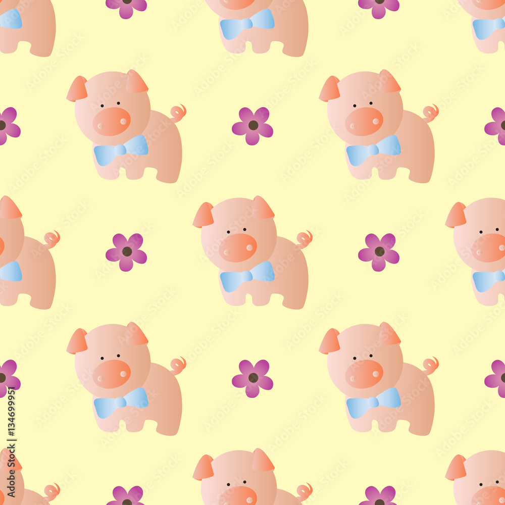 seamless pattern with toy baby deer and green leaves on a light yellow background