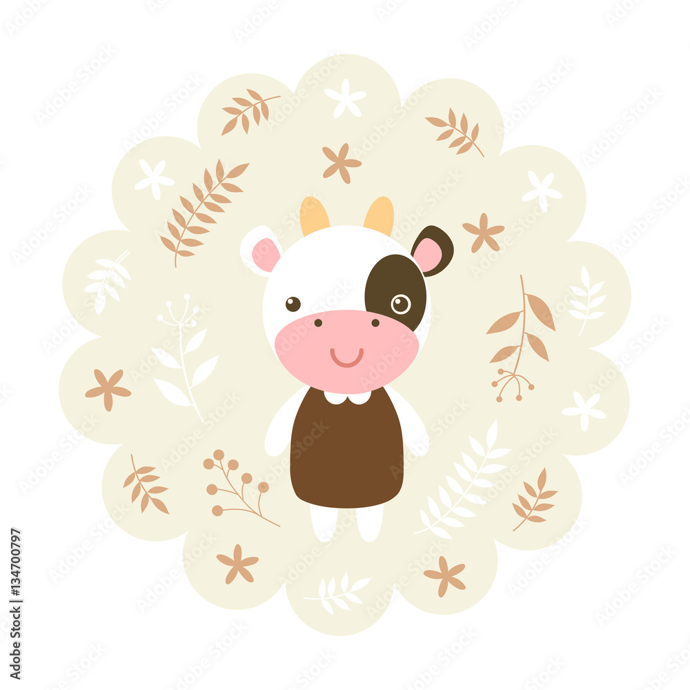 cow. vector illustration cartoon , mascot. funny and lovely design. cute animal on a floral background. little animal in the children's book character style. cow. vector illustration cartoon , mascot. funny and lovely design. cute animal on a floral background. little animal in the children's book character style.