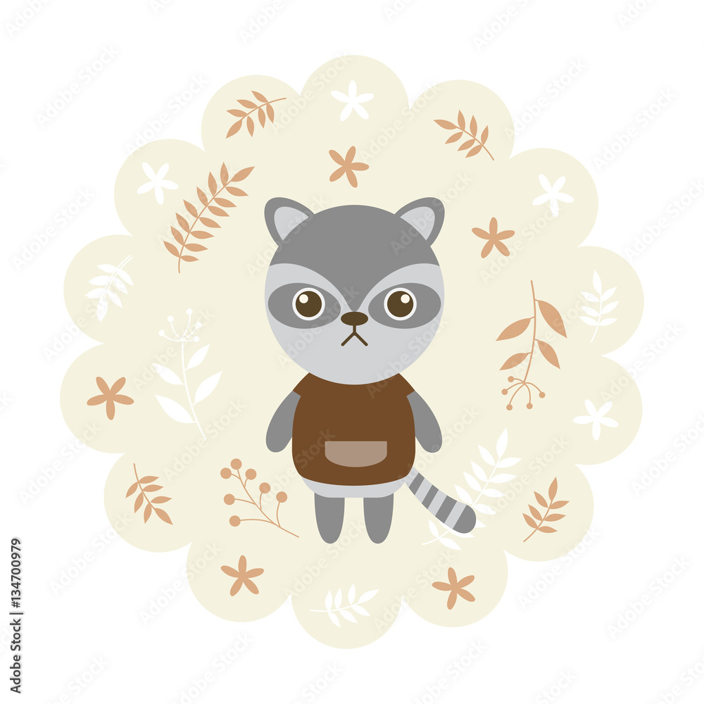 raccoon. vector illustration cartoon , mascot. funny and lovely design. cute animal on a floral background. little animal in the children's book character style. raccoon. vector illustration cartoon , mascot. funny and lovely design. cute animal on a floral background. little animal in the children's book character style.