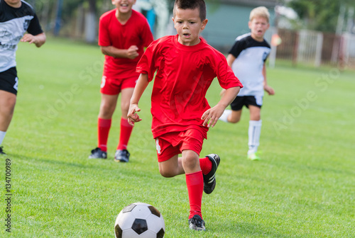 Boy kicking soccer ball