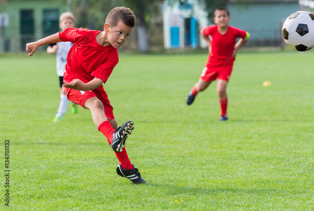 Boy kicking soccer ball