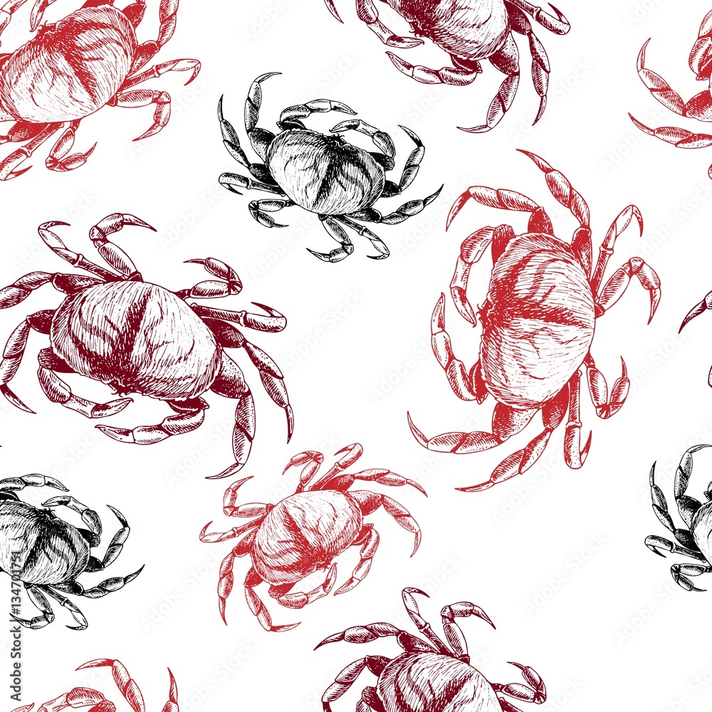 Vector seamless pattern of seafood. Isolated crab. Hand drawn engraved icons. Vector seamless pattern of seafood. Isolated crab. Hand drawn engraved icons.