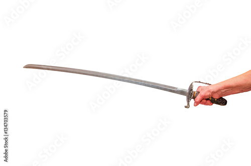 Hand with a sword. Isolated on white.