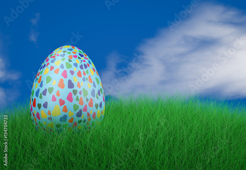 Easter egg with a hearts in the grass on a sky background. 3D render.