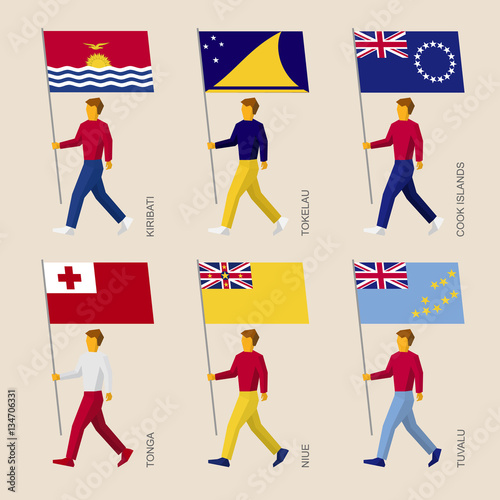 Set of simple flat people with flags of countries in Oceania. Standard  bearers infographic - Kiribati, Tokelau, Cook Islands, Tonga, Niue, Tuvalu  Stock Vector | Adobe Stock