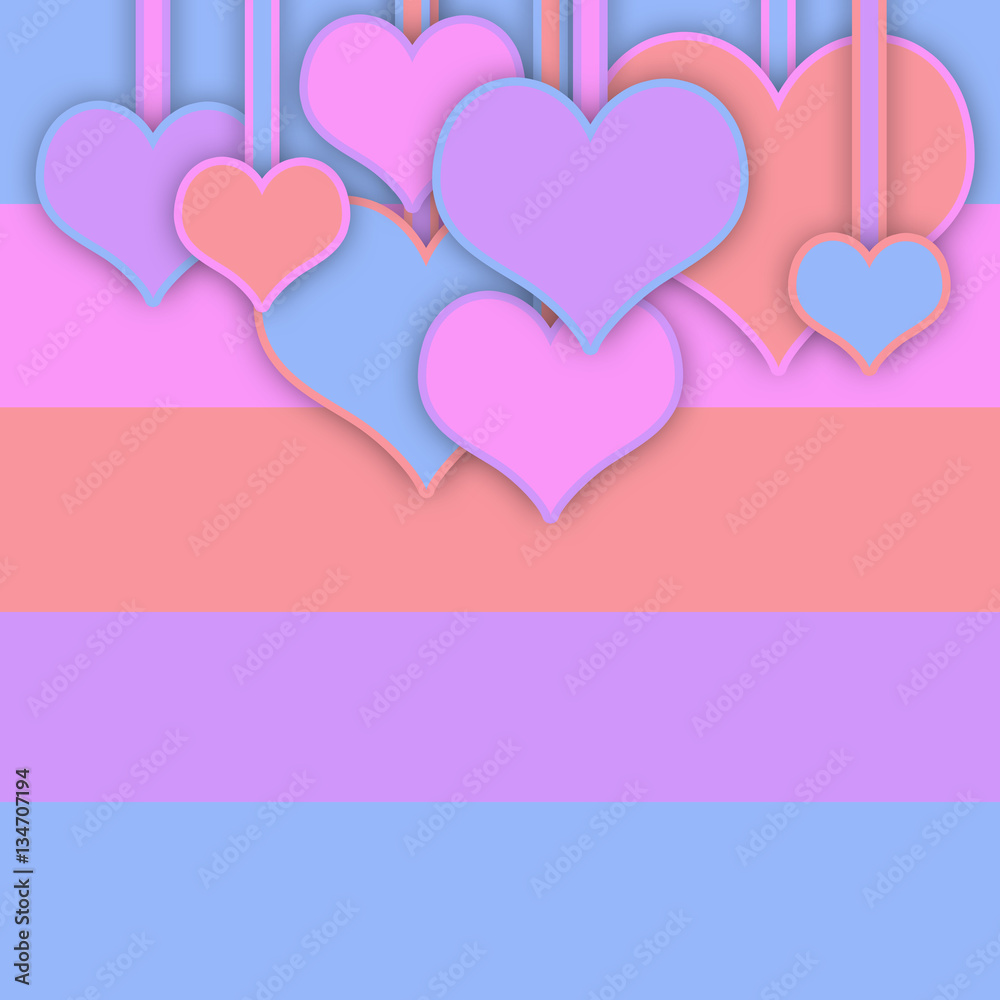 Colored hearts on the bright multicolored background.