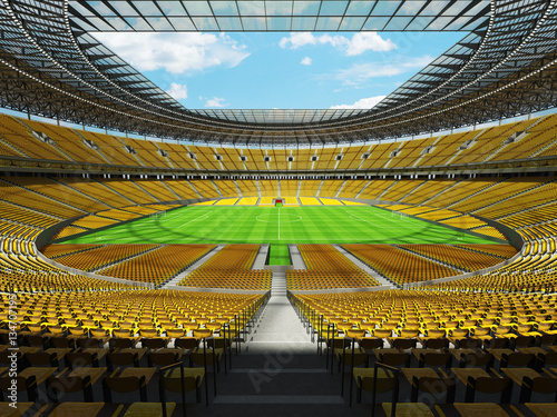 3D render of a round football - soccer stadium with yellow seats and VIP boxes
