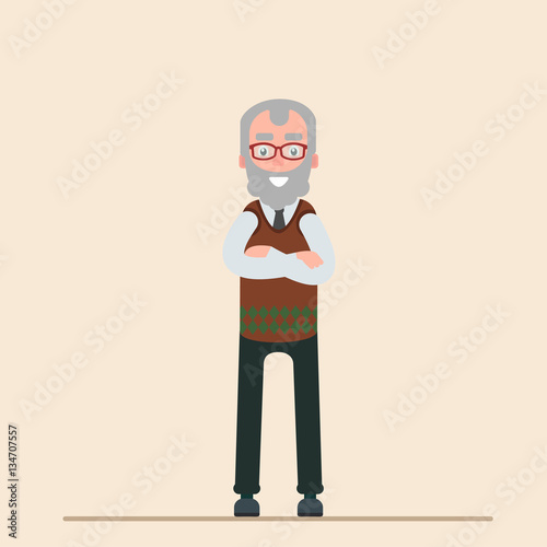 Old man with glasses smiling. Vector symbols on a blue background.
