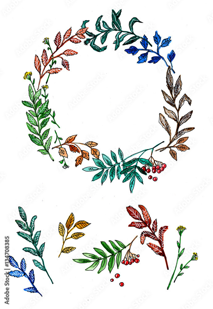 венок из листьев, акварельная иллюстрация Stock Illustration | Adobe Stock
