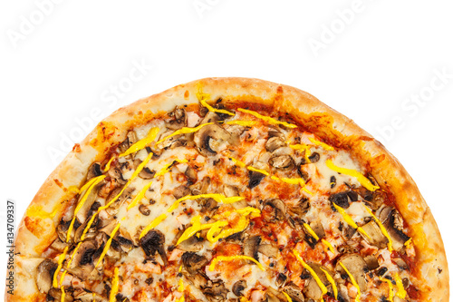 Half of delicious classic italian Pizza with spicy chicken, mushrooms and cheese.
