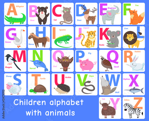 Fototapeta Naklejka Na Ścianę i Meble -  Children Alphabet with Animals. Vector Letters Set